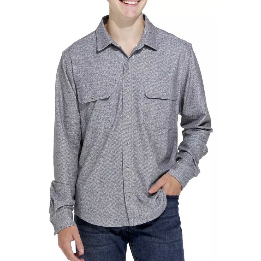 Hallstatt Mens Size XXL Grey Herringbone Soft Knit Button Down Shirt Casual
